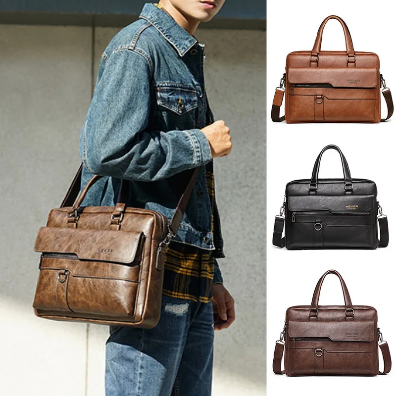 Retro Men PU Leather Black Briefcase Business Men Handbags Male Vintage Shoulder Messenger Bag Men 14inch Large Laptop Handbags