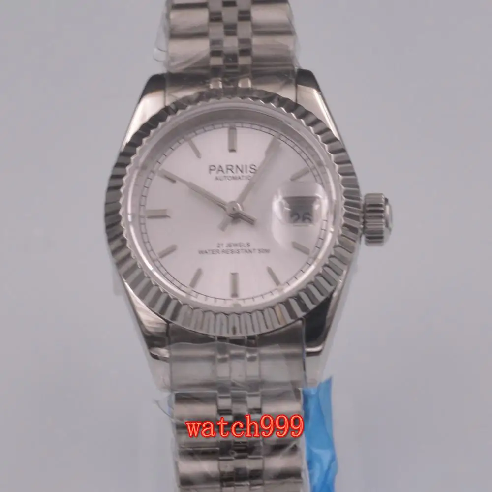 

Parnis 36mm white dial sapphire luminous date Miyota 8215 ladies automatic watch steel belt waterproof mechanical watch