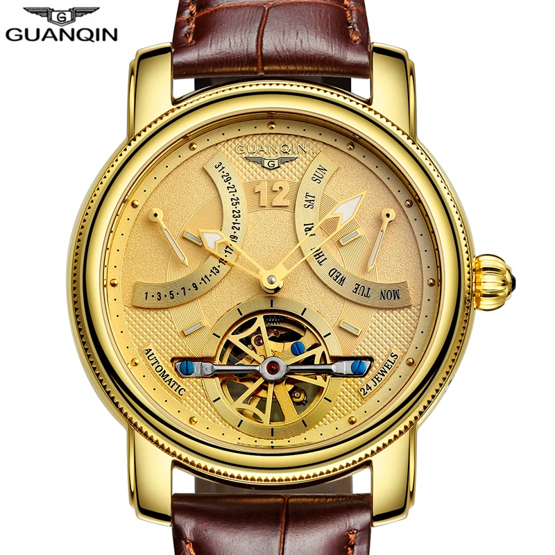 GUANQIN роскошный механический автоматический Tourbillon часы водонепроницаемые золотые брендовые часы мужские часы Неделя Месяц Дисплей наручные часы