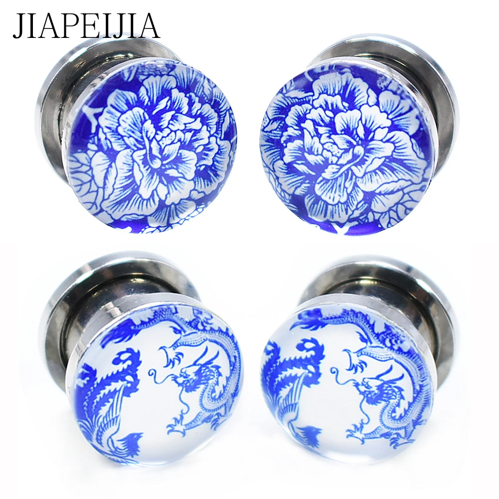Blue and White Porcelain Ear Tunnels and Plugs Ear Stretching Expander