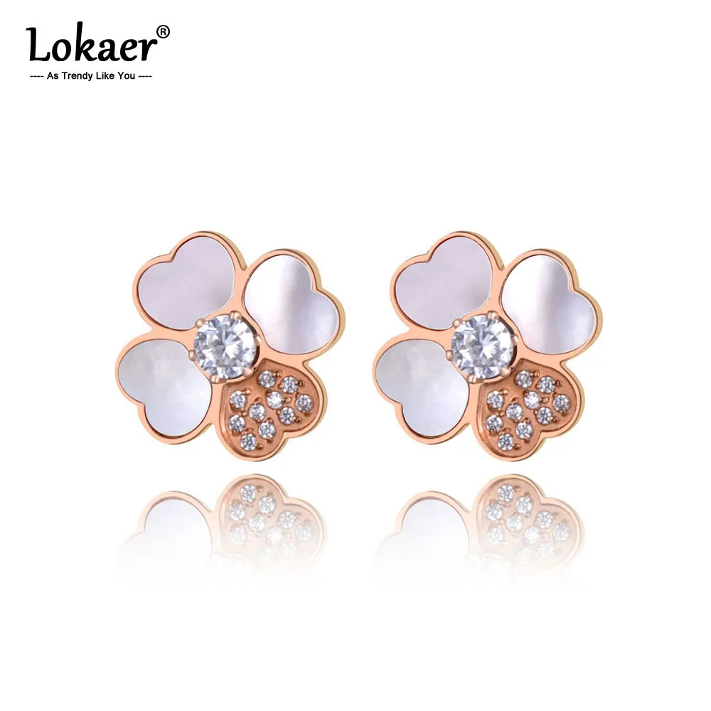 Lokaer, Классические свадебные серьги из нержавеющей стали белого/черного цвета в виде ракушки для женщин, серьги с цветком из фианита, подарок на Рождество, E19280