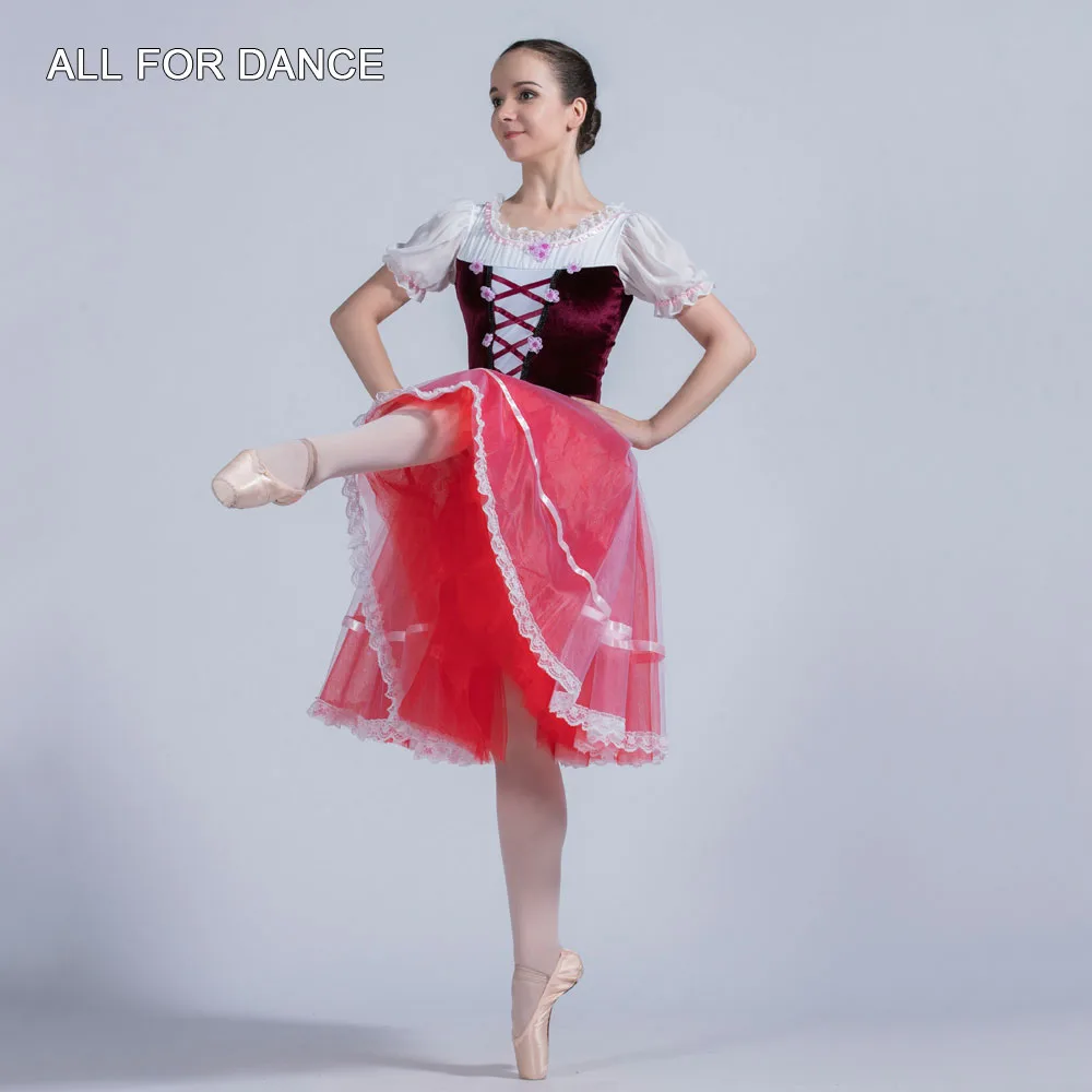 

All For Dance Ballerina Romantic Tutu Burgundy Velvet Top Bodice With 360° Red Tulle Girls&Women Ballet Dance Long Dress
