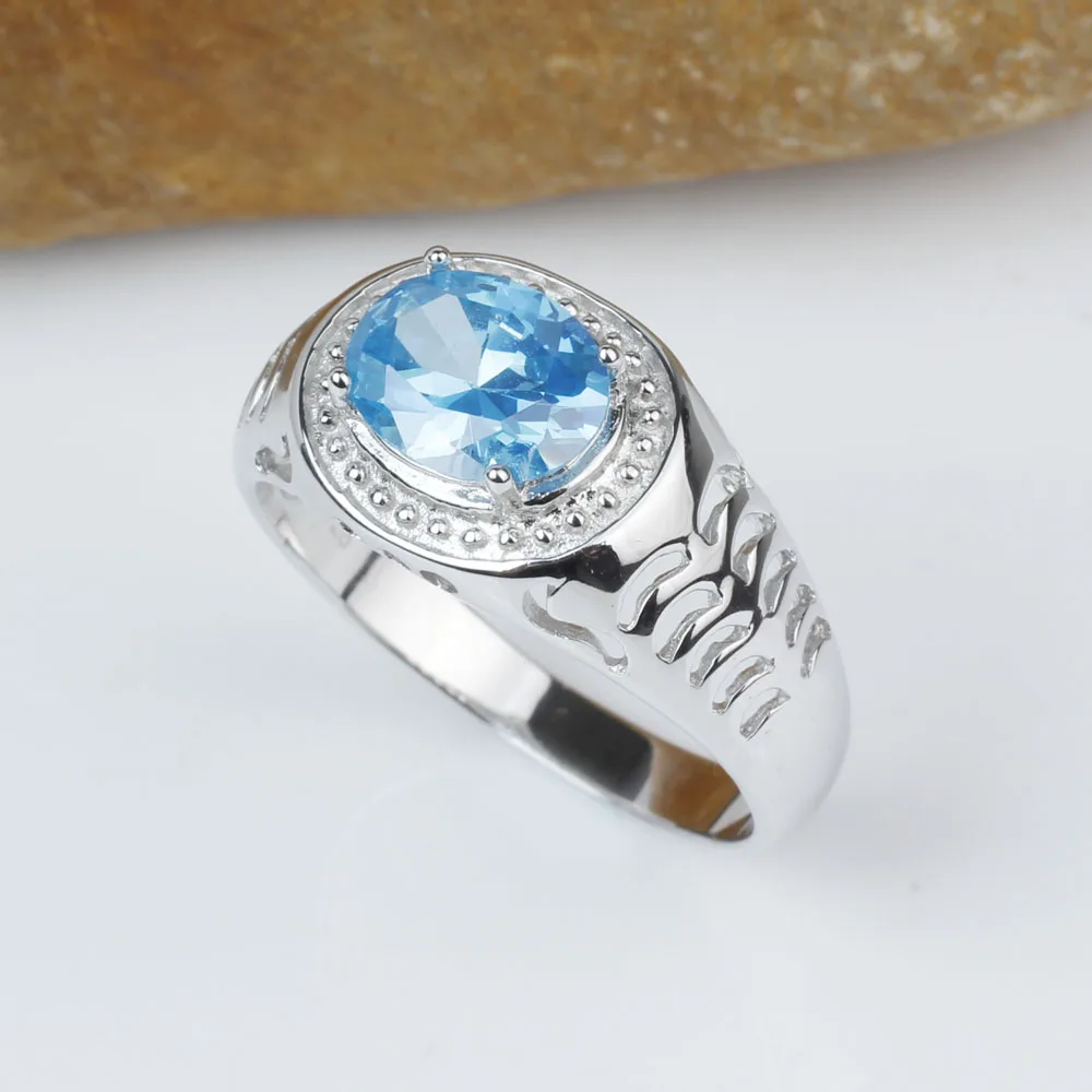 Blue Topaz Подлинное 925 пробы Серебряное кольцо для мужчин Hollow Band Большой овальный 8x10 мм камень Мужская одежда ювелирные изделия R504 - Цвет основного камня: Blue Topaz
