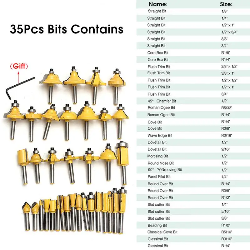 35pcs Router Bits Set TCT Tungsten Carbide Tipped 6.35mm 1/4" Shank Fit W/ Case