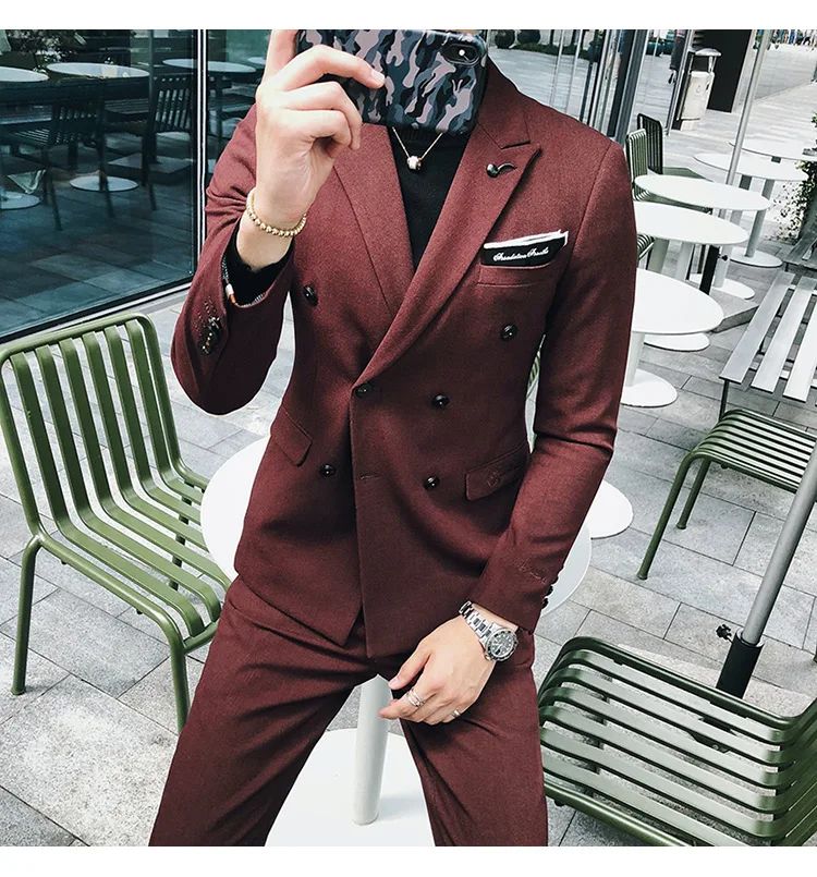 Куртка+ брюки) High-end вышивка одноцветная мужские, повседневные, деловые двубортный костюм 2 предмета в комплекте жениха, свадебное платье, смокинг