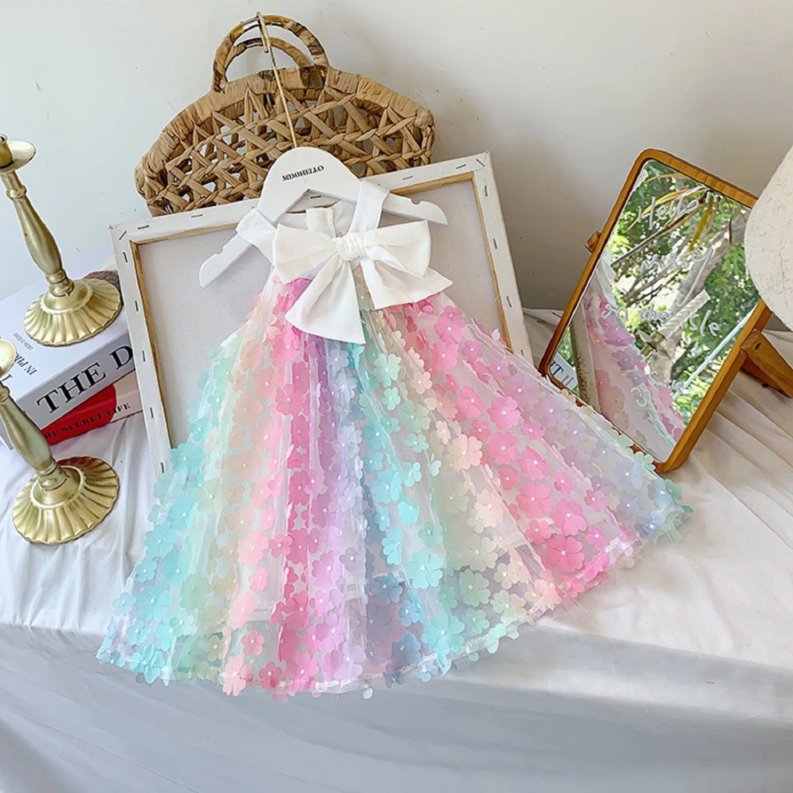 3-8Y Toddler Baby Princess Dresses Children Summer 3D Flower Rainbow Sleeveless Halter Dress Costumes Kids Girls Cute Vestidos | Детская