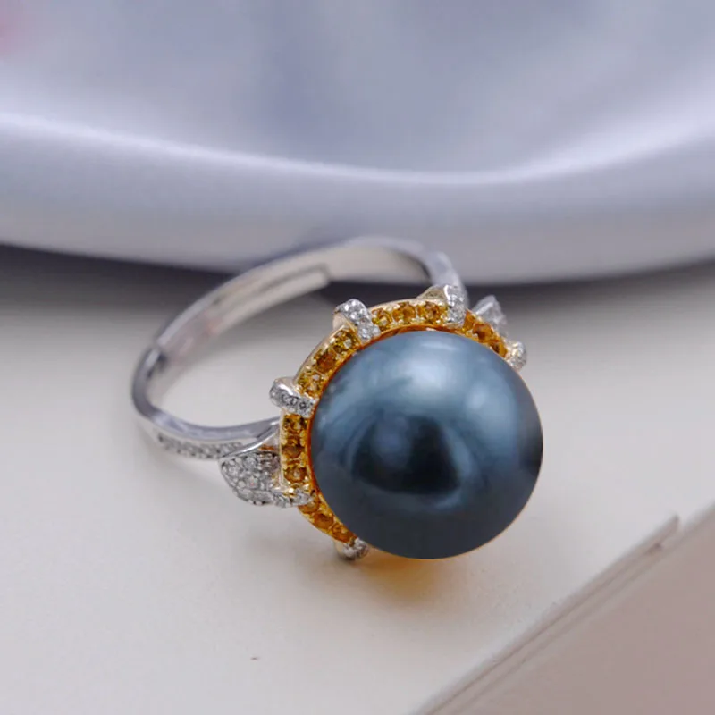 MeiBaPJ Высокое качество большое кольцо с натуральным пресноводным жемчугом 925 пробы Серебряное регулируемое кольцо для женщин хорошее свадебное ювелирное изделие - Цвет камня: With black pearl