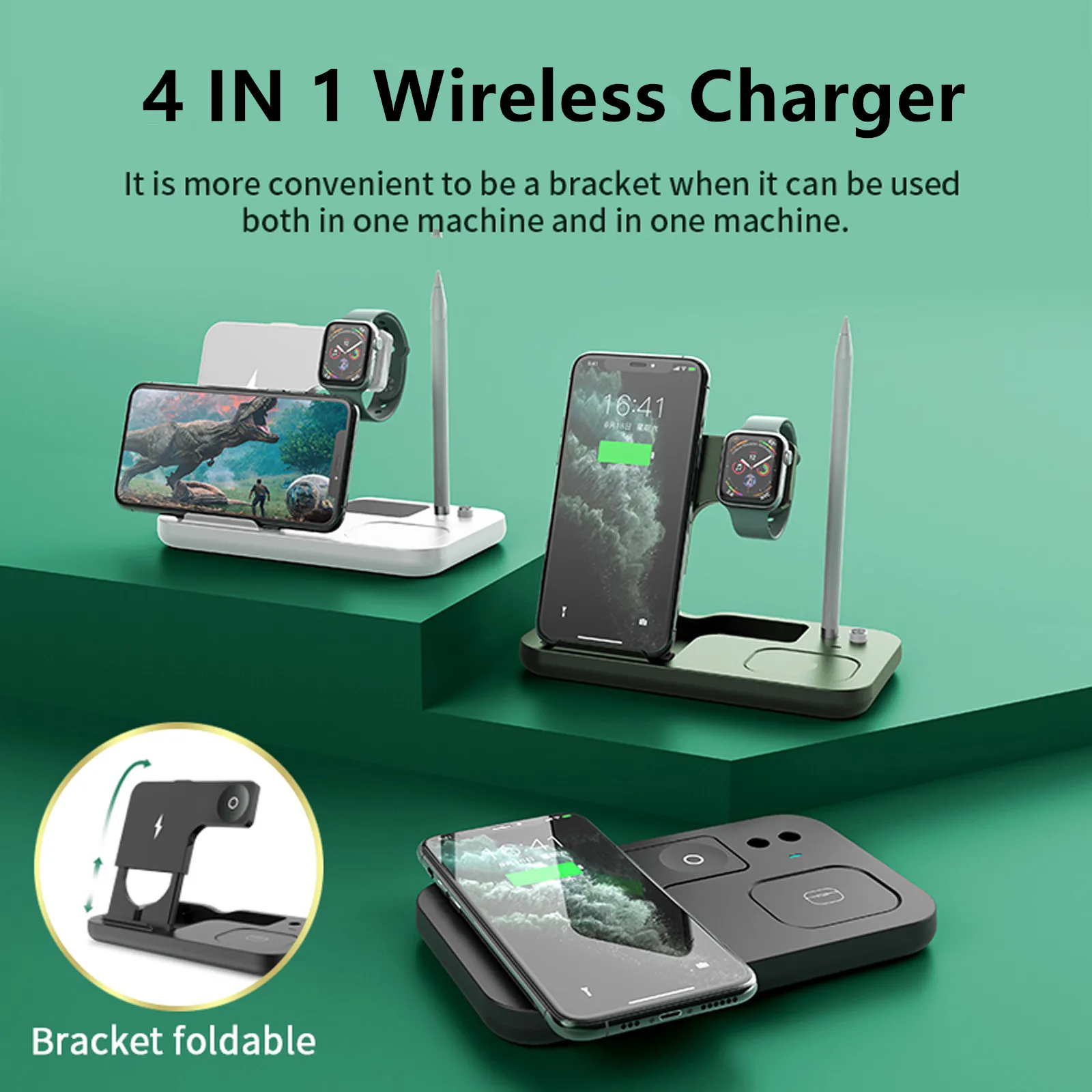 Wireless Charger 4 in 1 Qi-Certified 15W Fast Charging Station Stand for Apple Watch Pencil AirPods iPhone 12/11 Pro Max/XR/XS