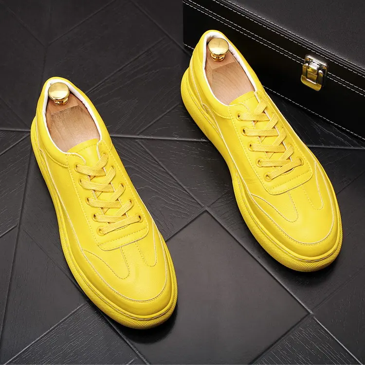 

Concise Designer Mens Yellow Casual Comfort Shoes Round Toe Lace Up Flat Platform Man Trending Leisure Shoes White 38-43