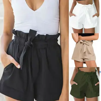 

Women High Waist Tie Belt Paper Bag Shorts Ladies Summer Hot Short Black