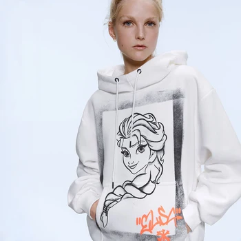 

2019 Autumn and Winter Women's Pullover ZA Ice Romance Aisha Princess Print Adjustable Hooded Long-sleeved Sweatshirt Top