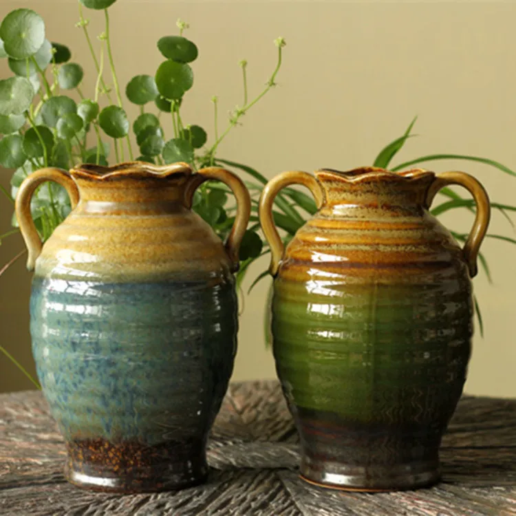 

American-Style Home Decorations Living Room Retro Kiln Baked Colored Glaze Dual Handle Ceramic Vase 2-Color Sorting Home Ornamen