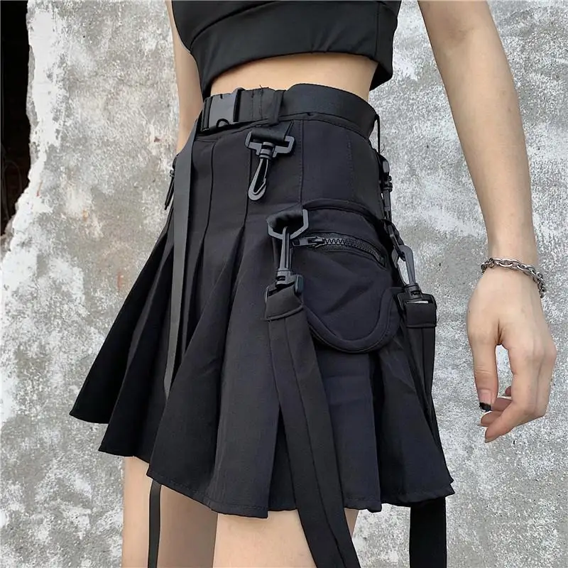 Японская женская уличная плиссированная мини-юбка в стиле Харадзюку, готическая юбка в стиле панк, Ulzzang уличная одежда, юбки с высокой талией - Цвет: Черный
