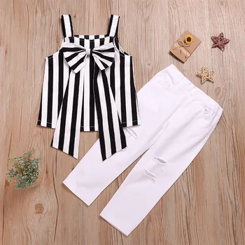 

2020 Korean Style New Baby Girl Bow Strap Striped Suit Children's Fashion Foreign Style Two-Piece Fashion Boutique Kids Cloth