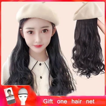 

Synthetic Hair Extensions With Wool Vintage Berets Cap With Long Wavy or Straight Hair Natural Hairpiece Fake Hair For Women