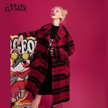 ELFSACK, китайское красное клетчатое прямое двубортное шерстяное пальто для женщин, зима, вышивка крысы, длинный рукав, Корейская женская верхняя одежда