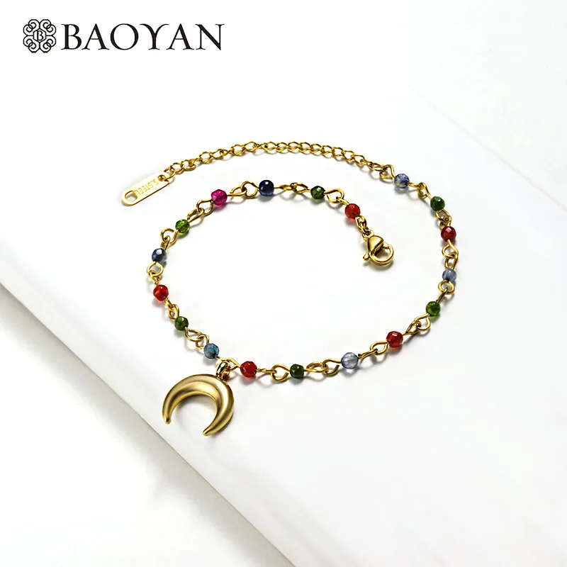 Baoyan, модный браслет из нержавеющей стали, разноцветный, натуральный камень, бусина, цепь, браслеты, Золотой Рог, монета, очаровательные браслеты для женщин