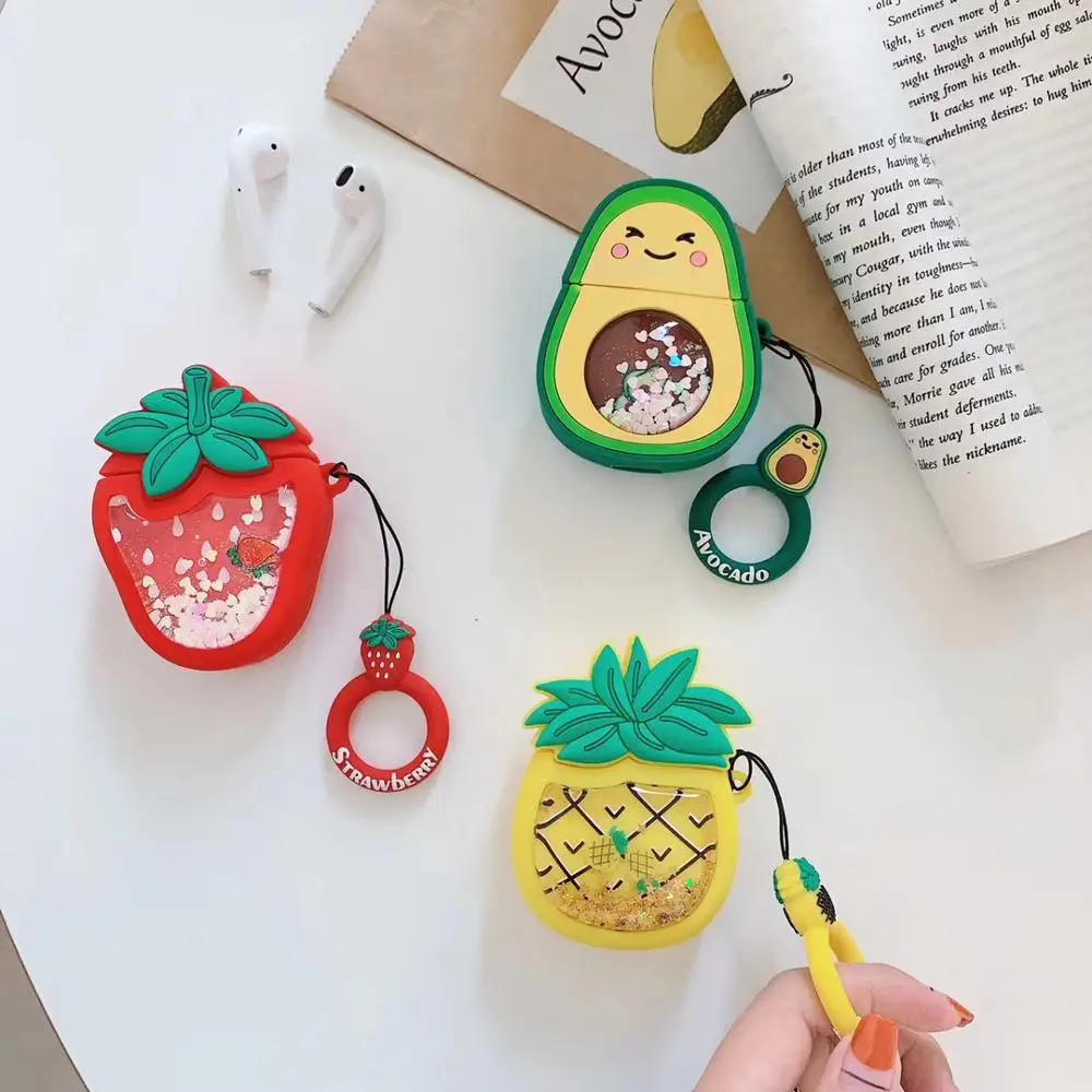

New 3D Quicksand Pineapple Avocado Strawberry Wireless Bluetooth Headset Silicone Case For Airpods Earphne Shockproof soft Cases