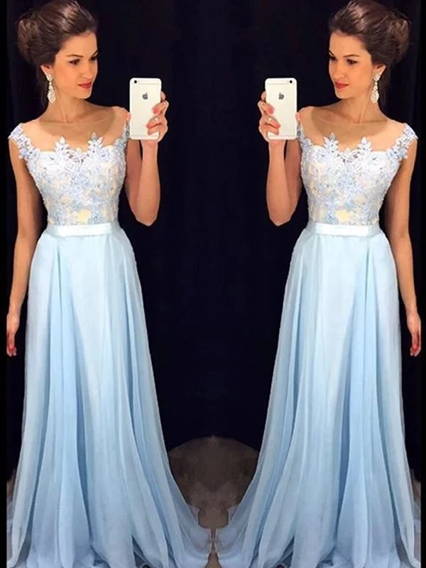 Elegant Graduation Dress A-Line/Princess Sleeveless Sheer Neck Applique Chiffon Sweep/Brush Train Dresses for Party