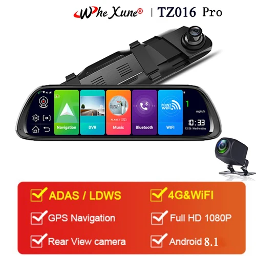 WHEXUNE, новинка, Android 8,1, 4G, Автомобильный видеорегистратор, 12 дюймов, умное зеркало заднего вида, навигация, Full HD, двойная камера 1080 P, с Bluetooth, wifi, ram, 2G - Название цвета: TZ016
