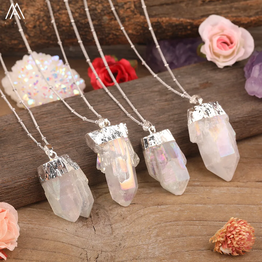 Titanium AB Natural White Quartz Irregular Point Pendant Gold Chains Necklace For Women Quartz Crystal Beads Adjustable Necklace