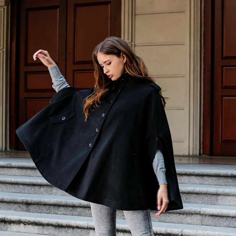 

SWYIVY 2019 Autumn Winter Women Black Coat Woolen Cloak Batwing Sleeve Cloak Shawl Short Coat Casual Button Outerwear