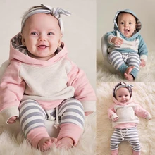Одежда для маленьких девочек одежда для маленьких мальчиков хлопковый костюм Одежда для новорожденных теплый повседневный спортивный свитер в полоску с капюшоном для малышей, комплект из двух предметов
