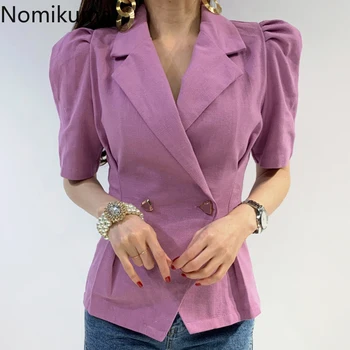 

Nomikuma Korean Notched Collar Blazer Coat Half Puff Sleeve Double Breasted Suit Jacket Slim Waist Elegant Bazers Femme 6A450