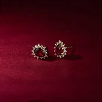 925 Sterling Silver 14k Gold Plating Inlaid Ruby Earrings Women Korean Temperament Wedding Jewelry Accessories Girlfriend Gifts