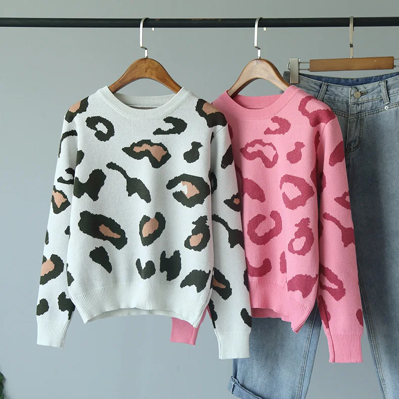 Mooirue зима женские леопардовые вязаные пуловеры с круглым вырезом Повседневная Верхняя одежда базовый корейский стиль винтажный черный розовый свитер Топы