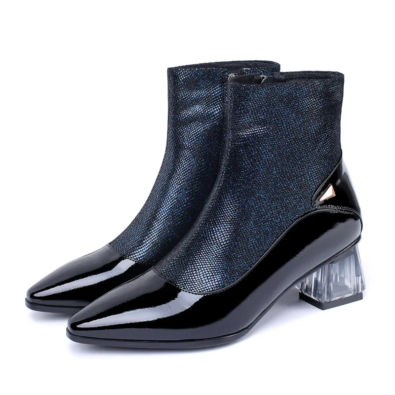 

Europe and the United States autumn and winter leather boots pointed thick heel fashion boots color matching zipper