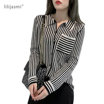 

2020 Spring Women 100% Fine Wool Knit Striped Shirt Wool SHIRT-Lapel Cardigan Sweater Soft Wool Lightweight Cute Knit Jacket