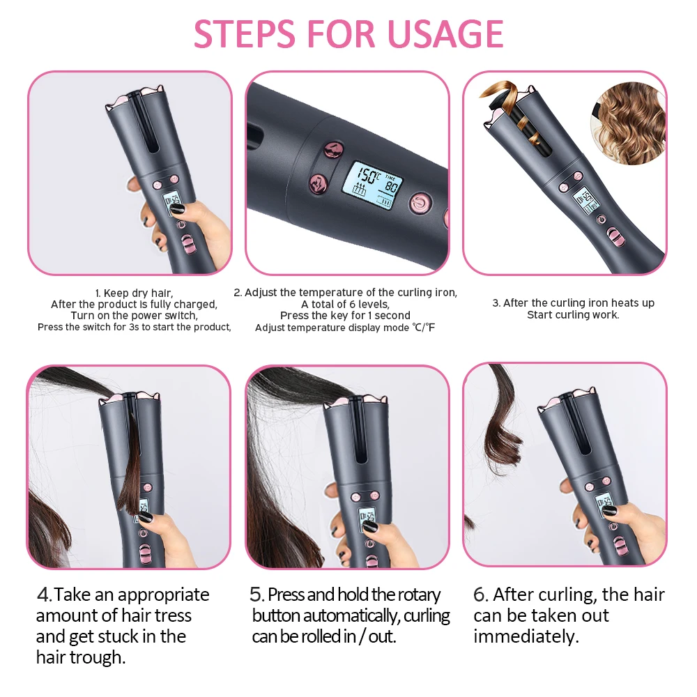 Modelador de Cabelo sem Fio Automático Ferro com 1 Pente + 2pc Rotativo Portátil Recarregável Display Máquina Encaracolado Onda Curling Clipes Lcd 17 curling ferro com 1 pente + 2pc clipes
