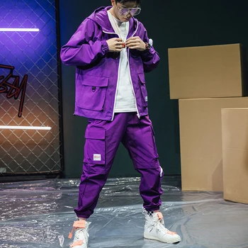 

Military Loose Tracksuit Men Purple Casual Zipper Pocket Streetwear Jacket Men Long Sleeve Hip Hop Mens Clothes Set New B60