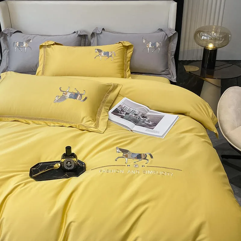 Chic Horse Embroidery Solid Color Duvet 