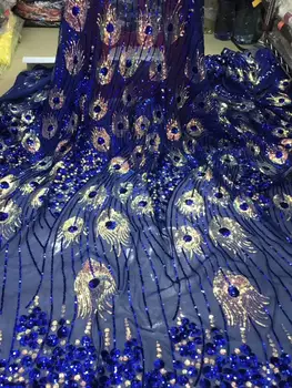

(5yards/lot ) 2019 New High quality Royal blue Velvet African tulle lace French net lace fabric with Sequins for party dress