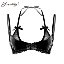 Женский Бикини Топ Wetlook из лакированной кожи, сексуальный купальник, топы, Холтер, купальники, микро бикини, регулируемые ремни, кружевной подол, открытый бюстгальтер, Топ