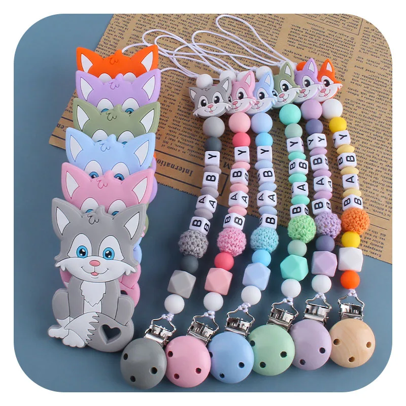 Kissteether Personalized Name Handmade Pacifier Clips Holder Chain Silicone Pacifier Chains Set Civet Cat Baby Teether Chain