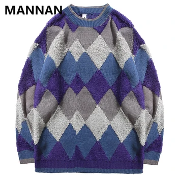 

MANNAN Autumn Men Hip Hop Streetwear Hoodie Bohemian Style Thick Knitted Pullover Retro Vintage Patchwork Plaid Hoodies 2019