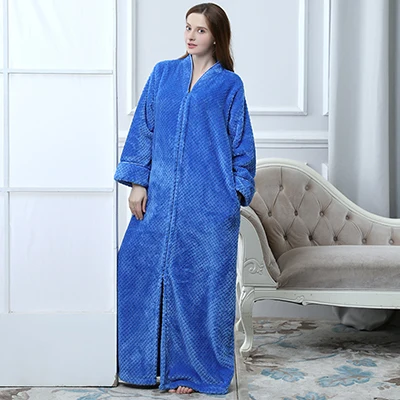 Women Blue Мужские зимние теплые большие размеры удлиненные толстые сетки фланелевый Халат мужская молния Теплый банный халат мужские роскошные халаты - Цвет: Women Blue