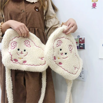 

Women's lamb shoulder bag simple canvas handbag tote bag large-capacity embroidery shopping bag cute school bag girl's bag 2020