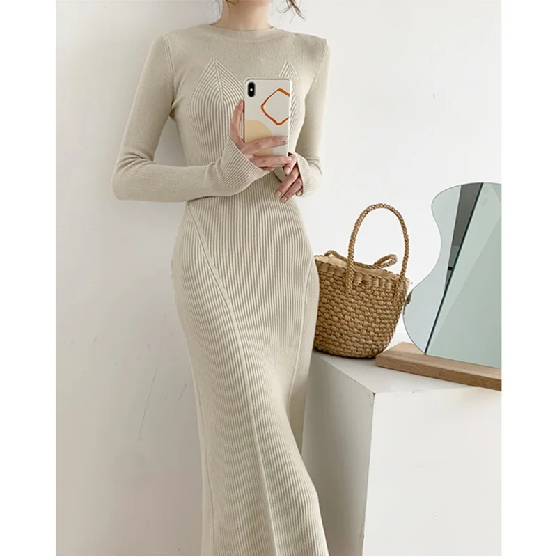 ULIYOU Women Autumn Winter O-neck Slim Fit Sweater Tight Fitting Dress Knitting Women's Full Sleeve Mid Length | Женская одежда