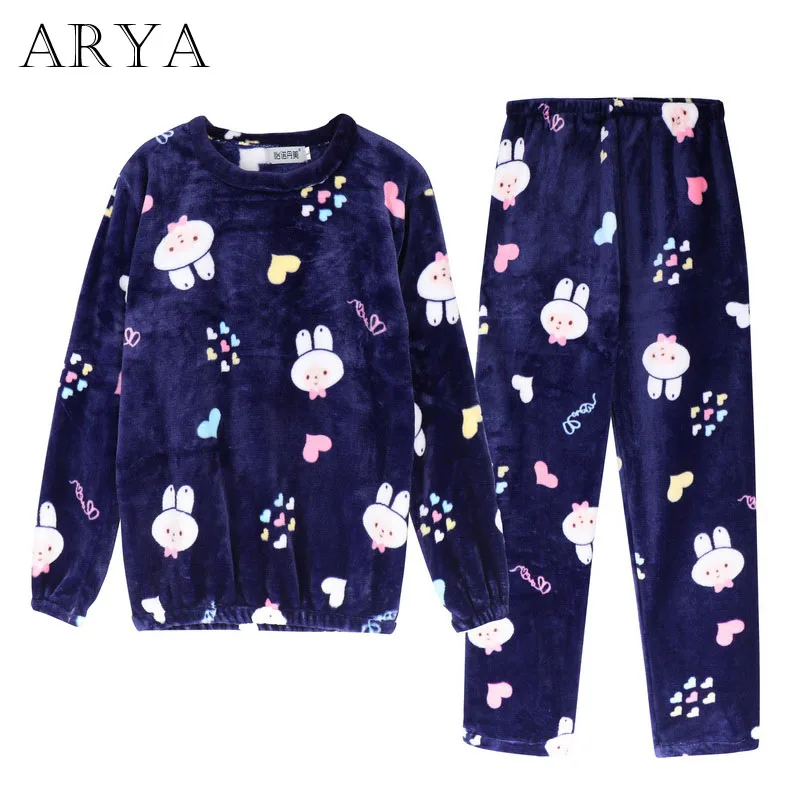 blue Arya фланелевые женские пижамы, наборы, зимние пижамы, милые Мультяшные толстые теплые женские пижамы, Милая женская Коралловая бархатная домашняя одежда - Цвет: blue