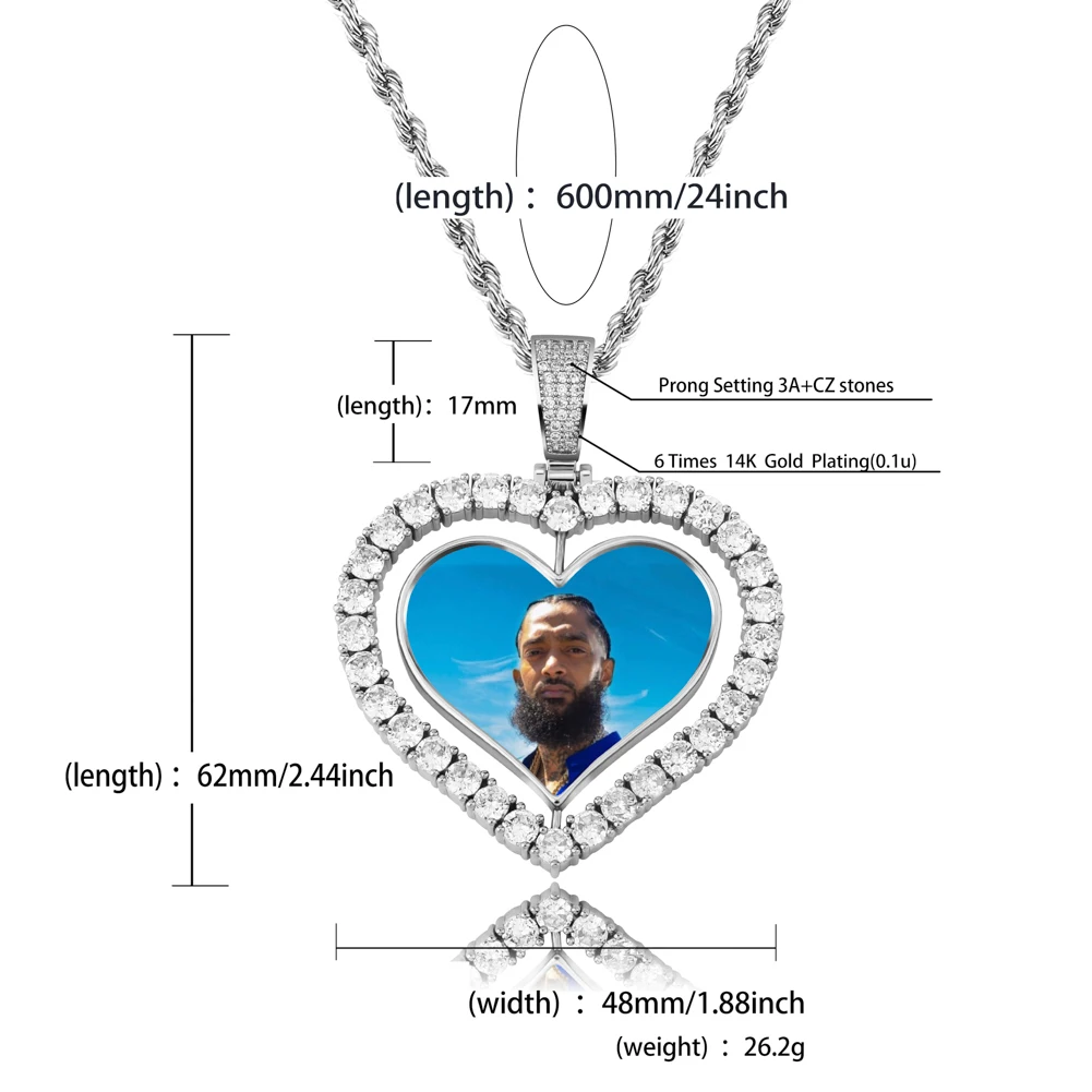 TOPGRILLZ Heart Shaped Custom Photo Spin Double Sided Medallion Pendant Necklace With 4mm Tennis Chain Zircon Hip Hop Jewelry