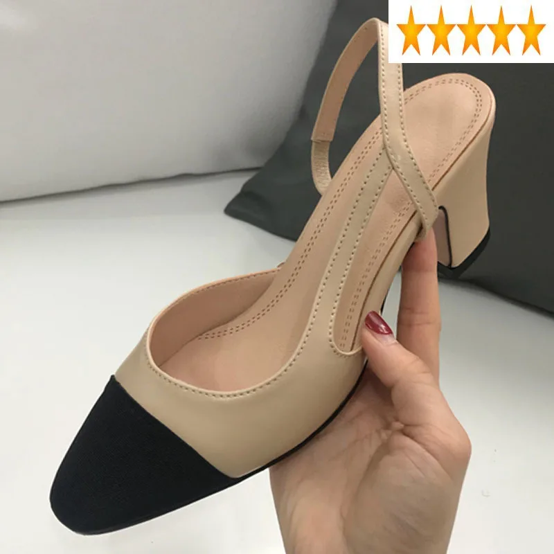 

Summer Genuine Leather Patchwork Elegant Luxury Brand Designer Women Comfortable Block Med Heels OL Sandals Shoes