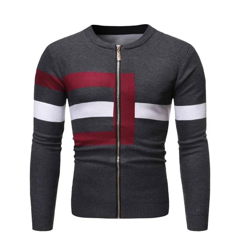 Mens Sweaters 2019 Autumn New Men's Zipper Casual Contrast Color Knit Sweater Casual Cardigan Plus Size Sweater