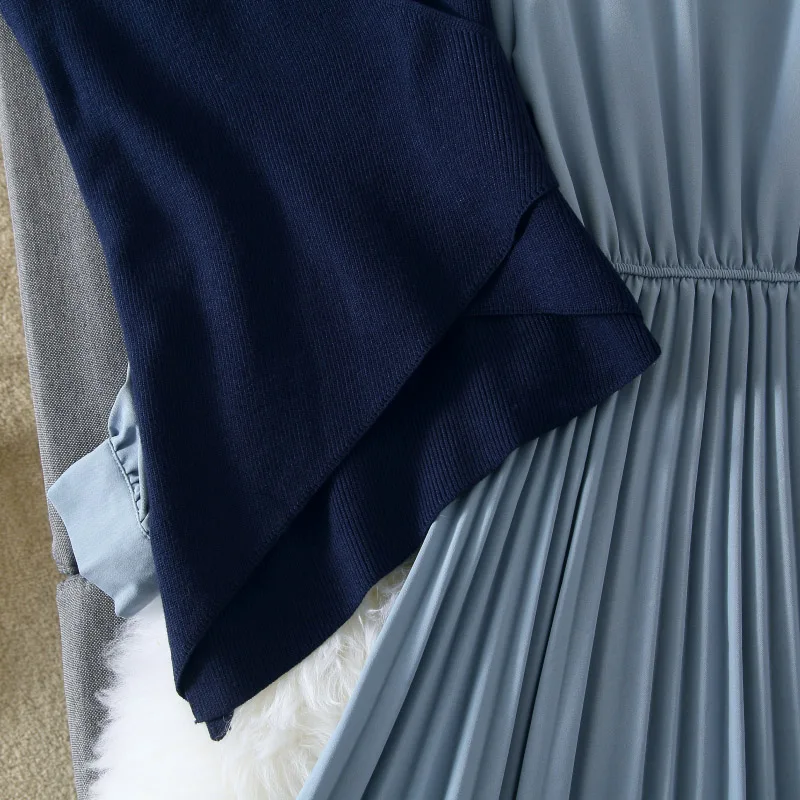 Autumn Winter Dress Suit Women Elegant Long Sleeve Knit Bodycon Mid-Calf Long Sweater Pleated Dress Set Casual Spring