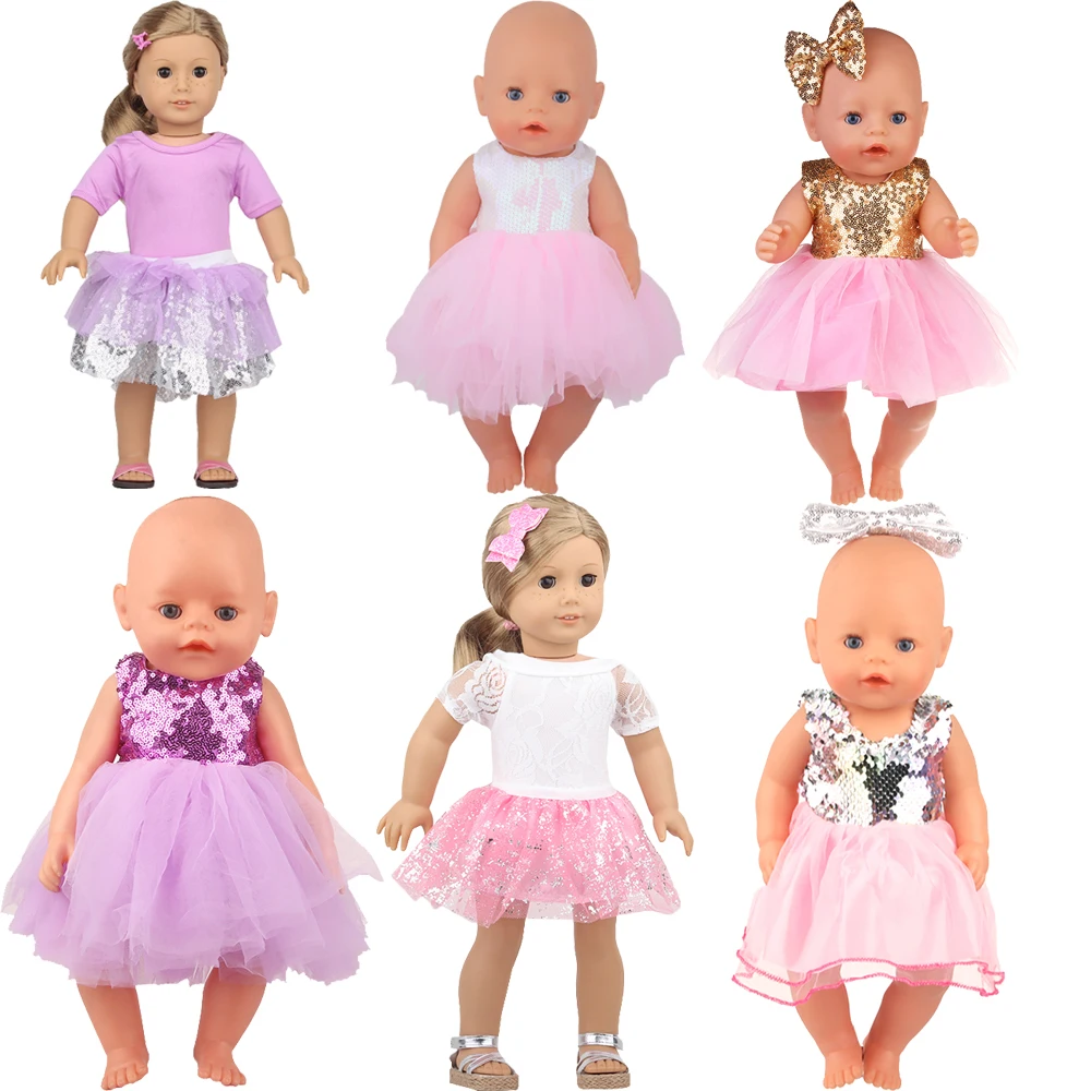 Paillettes Dress Doll Clothes per 17 pollici e 43cm Baby New Born Doll Brilliant Party Reunion Doll gonna per bambola americana da 18 pollici fai da te