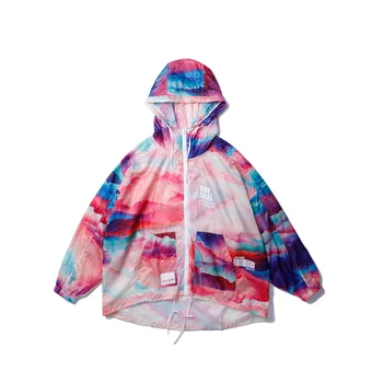 

2019 Autumn New hip hop oversize Hooded jacket Men Rainbow light Thin Tie dyeing Windbreaker Casual Loose Coats