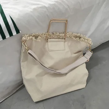 

Fringed Edging Canvas Women's Handbags Metal Handle High Capacity Tote Bags For Women Casual Solid Large Women's Bag Shopper Bag